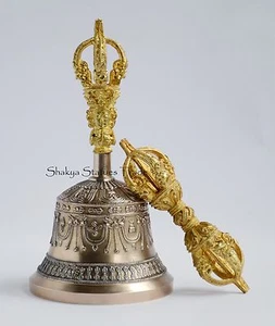 Buddhist 7.25" Vajra Ghanta Set Bronze Alloy with Gold Plated from Patan, Nepal - Picture 1 of 11