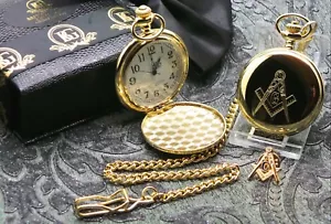 FREEMASON Gold Full Hunter POCKET WATCH Lapel Pin Badge Gift Set Luxury Case - Picture 1 of 3
