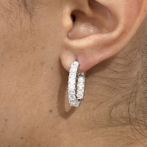 14k White Gold Hoop Earrings 2.96 CT F/VS Emerald Lab Created Diamond - Picture 1 of 9