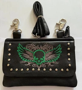 GREEN SKULL w/ GREY ACCENTS ON FRONT FLAP MAGNETIC HIP BLACK BAG - OA60 - Picture 1 of 6