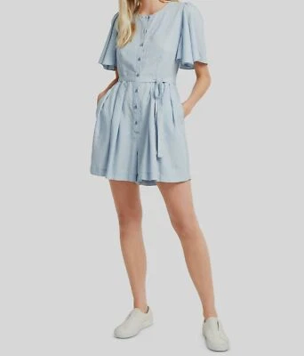 New $150 French Connection Women's Blue Buttoned Crew-Neck Casual Romper Size 0 - Image 1 of 2