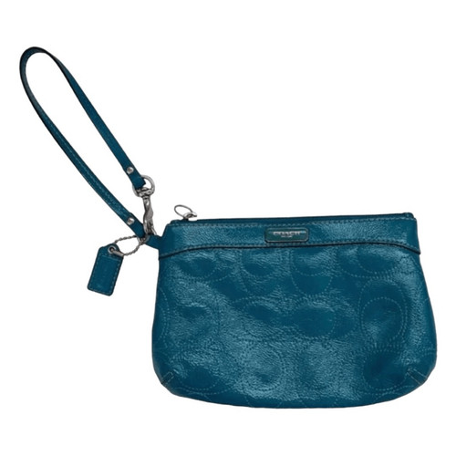 Portafoglio pochette Coach Signature logo sirena pelle verniciata da polso verde acqua
