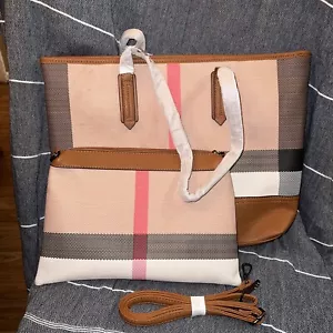 Luxury Checkered Tote Shoulder Bag with Pouch - PU Vegan Monogram lot of 2 - Picture 1 of 6