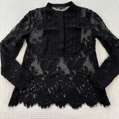 White House Black Market Top Womens 8 Black Floral Lace Pleated WhimsiGoth Witch - Image 1 of 4