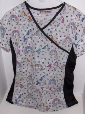 Green Town - unicorns and rainbows scrub top -  X Small - Image 1 of 3