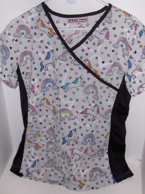 Green Town - unicorns and rainbows scrub top -  X Small - Image 1 of 3