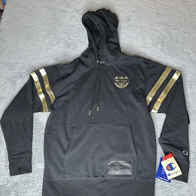 全新 CHAMPION 连帽衫 男式 中号 黑色 金色 全印 世界级 经典 — 第 1/4 张图片