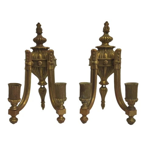 Antique Victorian Solid Brass Double Arm Candle Holder Wall Sconces Pair Cover