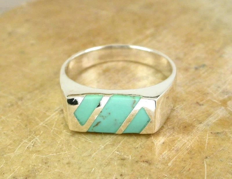 MENS STERLING SILVER REAL TURQUOISE INLAY RING size 7  style# r0728 - Image 1 of 1