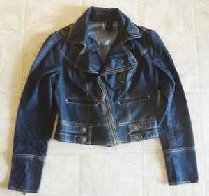 Chaqueta Bisou Bisou Michele Bohbot Azul Oscuro Denim Motociclista Estilo Moto Talla Pequeña - Imagen 1 de 5
