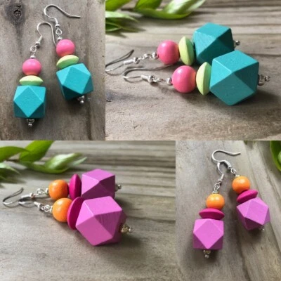 Teal Blue Green, Pink, Orange Wooden Bead Earrings. Hexagon Beads. - Image 1 of 4