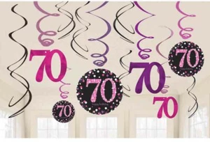 12 x 70 Cumpleaños Colgantes Remolinos Negro y Rosas Fiesta Decoraciones Edad 70 Fiesta - Imagen 1 de 1