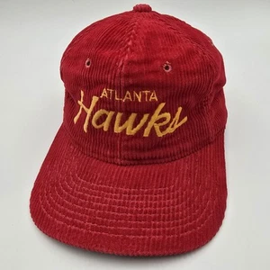 Vintage 90s Sports Specialties Snapback Corduroy Atlanta Hawks Spellout Cap Red - Picture 1 of 18