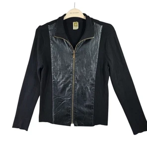 Anne Klein Damen Pullover Jacke schwarz Rippstrick Kunstledereinsatz durchgehender Reißverschluss L - Bild 1 von 9