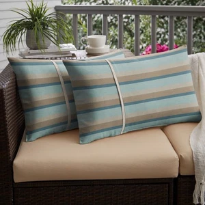 Blue Taupe Stripe with Grey Indoor / Outdoor Lumbar Pillows Sunbrella - Cast Sil - Picture 1 of 5