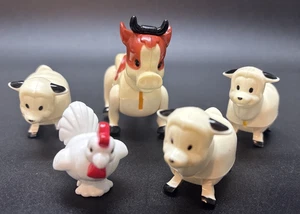 5 Fisher Price Schnappverschluss Bauernhoftiere Lot: Kuh Schaf Hahn 1990er Gelenkbeine - Bild 1 von 6