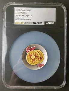2024 Chad 5000 Francs CFA 1oz Silver Eggo Waffles Coin NGC MS70 Antiqued - Picture 1 of 4