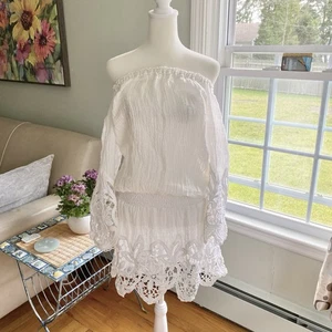 Temptation Positano Off Shoulder Mughetto Mini Dress White Linen Size M Boho - Picture 1 of 10