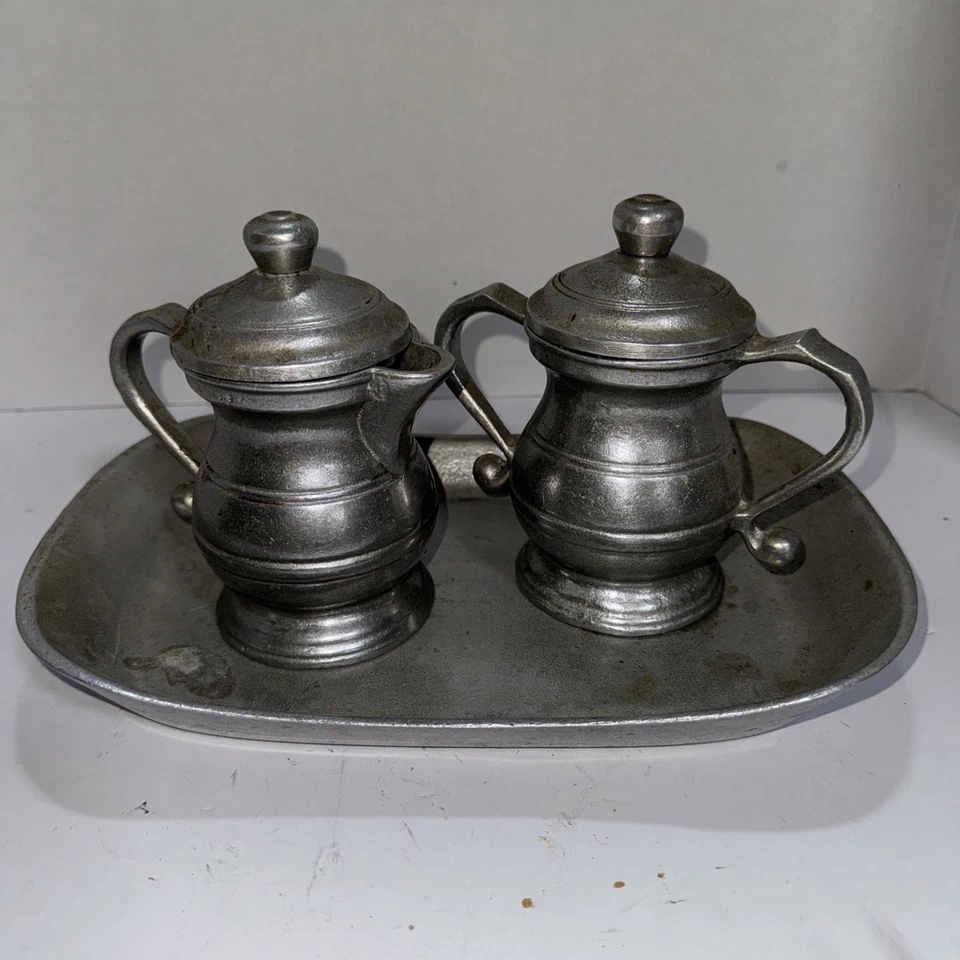 Wilton Armetale RWP Pewter Creamer & Sugar Set w Lids Rustic Bottom Carry Plate - Image 1 of 4