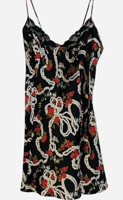 Vestido Victoria Secret Negro Perla Floral Satén Encaje Ribete Camisón Sin Mangas Y2K Pequeño Foto 1 de 4