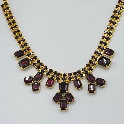 Collar Lavalier Vintage Granate Rojo Corte Esmeralda Estrás Tono Dorado 17" Foto 1 de 4