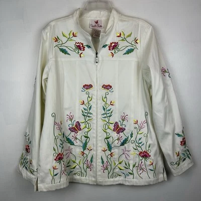 Chaqueta Quacker Factory Mujer L Cremallera Completa Floral Bordada Informal Blanca Leer Foto 1 de 4