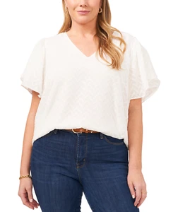 V. CAMUTO Womens Ivory Textured Sheer Lined Chevron Petal Sleeve V Neck Top 3X - Picture 1 of 9