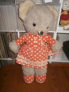 VINTAGE MOUSE OR BEAR CLOTH TEDDY BEAR IN RED POLKADOT DRESS - FREE POSTAGE - Picture 1 of 2
