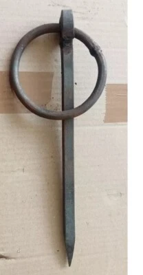 Antique Wrought Iron Tethering Large Ring on Pin Game Hook Old Wall Hardware 15" - Image 1 of 4
