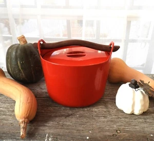 Retro MCM Red Cast Iron Teak Handled Timo Sarpaneva Rosenlew Finland Cook Pot - Picture 1 of 16