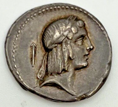 67 BC Roman Republic Piso Frugi AR Denarius Apollo Head Right Rider Horse Right - Image 1 of 2
