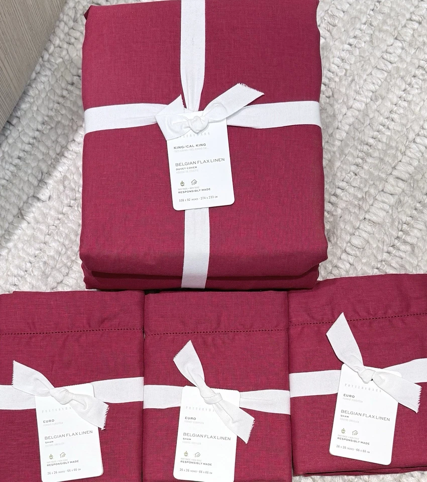 Edredón Pottery Barn Belga Lino King y 3 fundas Euro en Red Berry Foto 1 de 2