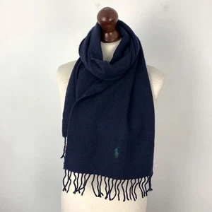 Polo Ralph Lauren Scarf Navy Blue Made in Italy Green Pony Logo Fringe Smart - Picture 1 of 10