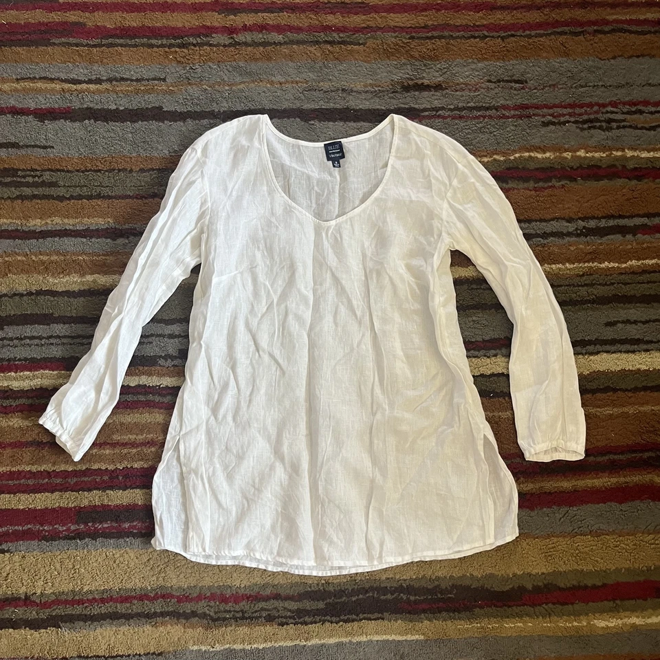 Camisa túnica manga larga Blue Saks Fifth Avenue para mujer pequeña marfil lino años 90 Foto 1 de 4