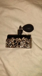 1950s Art Nouveau Style Perfume Bottle Atomizer Black Glass Filigree Overlay - Picture 1 of 4