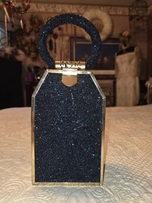 RARE 1940'S TYRLEAN  ANTIQUE DARK BLUE BEADED AND BRASS PURSE HANDBAG EXCELLENT - Image 1 of 4