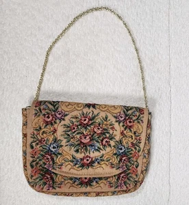 Bolso sin asas vintage de tapiz floral con correas doradas casi como nuevo hecho en Hong Kong - Imagen 1 de 12