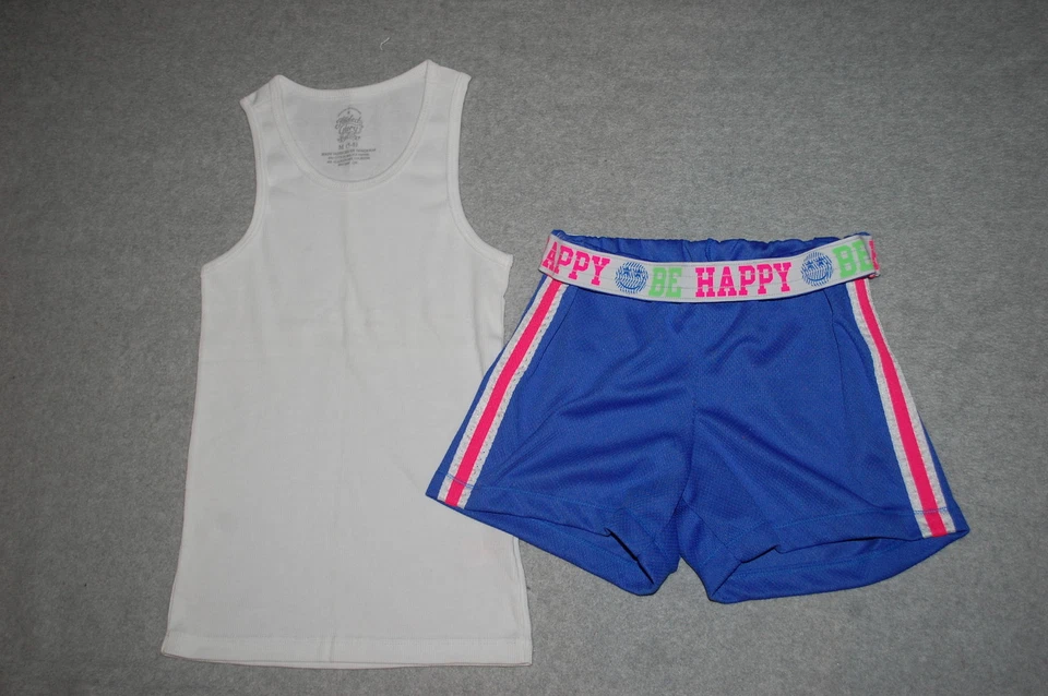 Girls Outfit WHITE RIBBED TANK TOP Blue Athletic Shorts BE HAPPY Pink M 7-8 - Image 1 of 1
