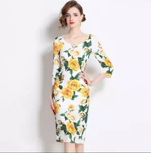 Damen 2024 Mode Blumenmuster Rundhals 3/4 Ärmel Hüftpaket Bleistiftkleid 2716 - Bild 1 von 14