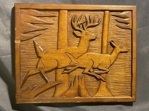 Antique Folk Art Carved Deep Relief Deer Running Through Forest Signed - Picture 1 of 10