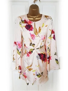 COAST Blush Peach & Pink Floral Long Sleeve Satin Tunic Blouse, Size 10 - BNWT - Picture 1 of 7