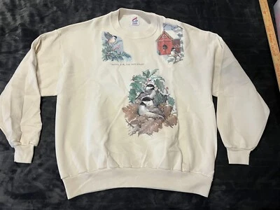 #1 VINTAGE 90'S JERZEES SWEATSHIRT WHITE HOME FOR HOLIDAY'S WINTER BIRDS SZ 2XL - Image 1 of 4