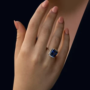 Fede Nuziale Oro Giallo 18k Taglio Radiante Coltivato in Laboratorio Zaffiro Blu Diamante 3,15 Ct - Foto 1 di 14