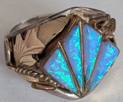 Sterling Silver S. Ray Navajo Ring Lab Opal 10.75 Size Signed Gold Leaves - Image 1 of 4