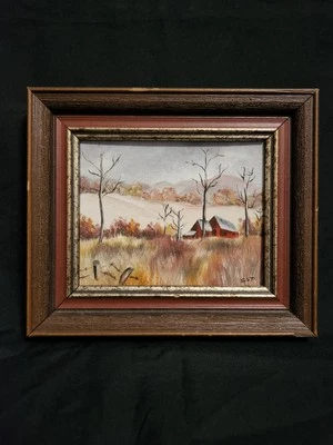 Pintura de granero rojo paisaje de otoño miniatura de colección firmada arte de casa de muñecas de campo Foto 1 de 4