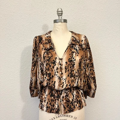 PARKER Top Blouse Womens Sz M Brown Leopard Print Silk Dolman Sleeve Peplum - Image 1 of 4
