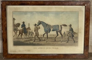 Antique French Hand Colored Equestrian Lithograph Les Apprets Dune Course Framed - Picture 1 of 16