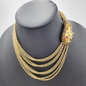 Vintage Art Nouveau Etruscan Revival Jewel Clasp Multi Strand Gold Tone Necklace - Picture 1 of 7