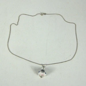 Italian Sterling Silver 925 Hand Painted Ceramic Pendant Necklace 19 in Chain - Picture 1 of 10