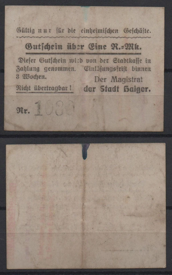 [31175]  - Notgeld HAIGER, Stadt, 1 RM, o. D. (um 1923-24),  Müller 2280.2a, geb - Bild 1 von 1